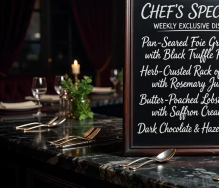 Kréta táblára kézzel felírt heti chef ajánlat egy sötét, elegáns bisztró falán