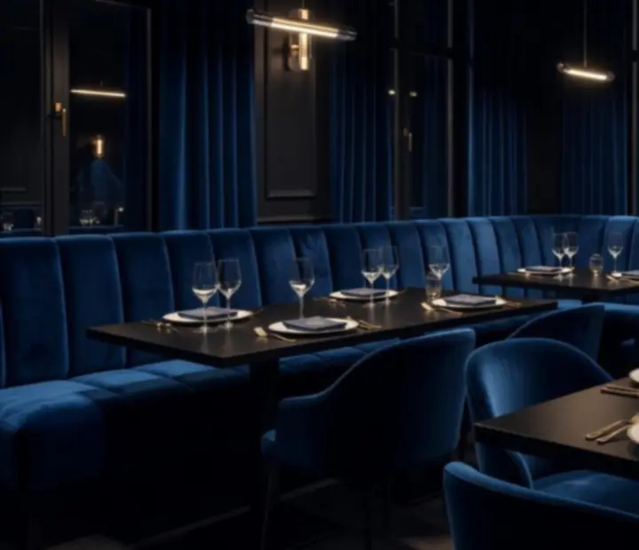 Sejtelmesen megvilágított esti bistro elegáns terítéssel