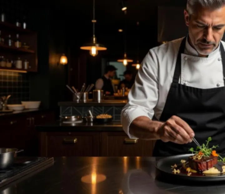 A Toplistahely executive chef-je egy sötét, modern konyhában, precíz esti tálaláson dolgozik.