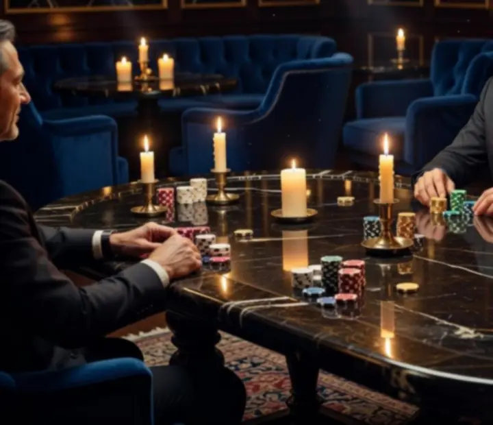 Hangulatos, sötét tónusú offline poker lounge gyertyafénnyel és rendezett zsetonkupacokkal