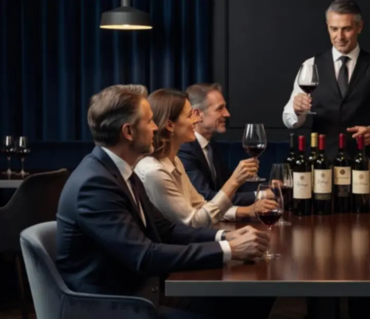 Sommelier elegáns borospohárba tölti a bort egy sötét atmoszférájú bistroban